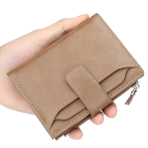 Unisex Men's Women's RFID Bifold <b>Wallet</b> Slim Leather Card Organizer <b>Zipper</b> Closure Chains Business Casual Coffee Color - Product Image 4