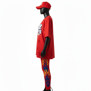 เสื้อยืดคอตตอนคุณภาพสูง 200 GSM และกางเกงเลกกิ้งโพลีเอสเตอร์ผสมสแปนเด็กซ์ ลายพิมพ์เปลวไฟสีแดง สกรีนโลโก้ตามสั่ง ชุดเซ็ตสำหรับผู้หญิง - Product Image 5