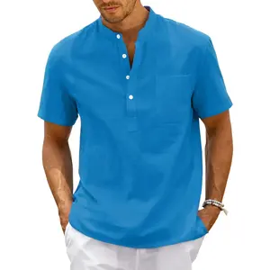 Chemise Henley en lin pour homme, col uni, manches courtes, fermeture pour le quotidien, les occasions professionnelles, les occasions formelles d'été, haut décontracté en taille XL - Product Image 4