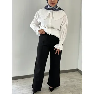 Pantalones Palazzo Casuales de Pierna Ancha para Mujer con Cintura Elástica, Tejido Transpirable, Negro y Blanco, 98 cm de Largo, Tallas 1-2 - Product Image 1