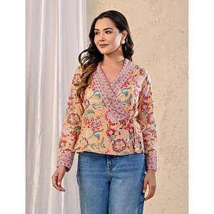 Top de Chifón con Bordado Floral Pastel, Decoración Lateral con Dori y Estampado Jaal a Mano, Asimétrico, Largo, para Fiestas Formales, Talla XL - Product Image 3