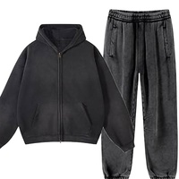Ensemble de survêtement vintage noir et gris délavé à l'acide pour homme – Veste polaire zippée et pantalon de jogging – Style streetwear hiver 100 % coton