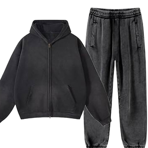 Conjunto Deportivo de Sudadera con Capucha y Cremallera en Gris Oscuro Lavado al Ácido para Hombre, Chaqueta de Forro Polar Vintage, Pantalones Jogger, Estilo Urbano Holgado, Atuendo de Invierno - Product Image 5