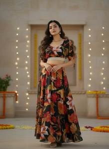 Lehenga Choli de Piel Sintética de Primera Calidad con Estampado Floral de Estilo Occidental para Niños, Traje de Diseñador Especial para Bodas - Product Image 4