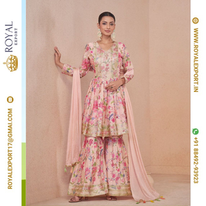 Nouveau concepteur véritable Chinon impression numérique Salwar Kameez avec travail de broderie et même travail sur le fond et Dupatta - Product Image 6