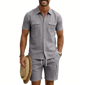Men's Navy Blue Short Sleeve Shirt Cargo Shorts <b>Set</b> Casual Summer Outfit Solid Color Breathable <b>Knitted</b> Fabric BLIZ SPORTS WEAR - Product Image 3