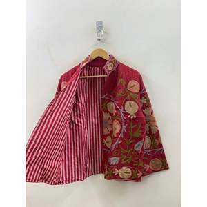 Crimson Suzani-Peach Edition Hand-Embroidered Waffle Cotton Eco-Friendly <b>Jacket</b> Reversible Quilted Stylish Boho Outerwear <b>Spring</b> - Product Image 2