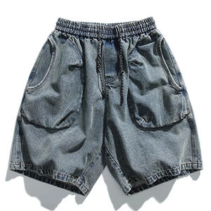 Pantalones Cortos de Lona de Alta Calidad, Vaqueros Azules de Cintura Alta a la Moda, Pantalones Casuales con Cintura Elástica y Cordón Ajustable para Hombre, 180g, Tejido de Secado Rápido - Product Image 1