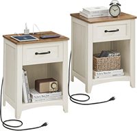 LIRY Ensemble de table de chevet moderne avec chargeur sans fil, 1 tiroir, en MDF, mobilier de chambre à coucher, blanc rustique, brun miel