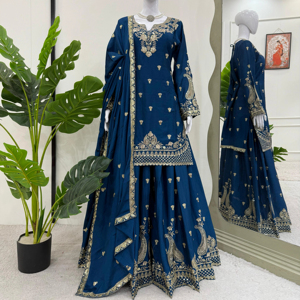 Elite Designer Fashion Chinon Silk Couture Set con intrincadas lentejuelas que fluyen Plazo y encaje detallado Dupatta - Product Image 1