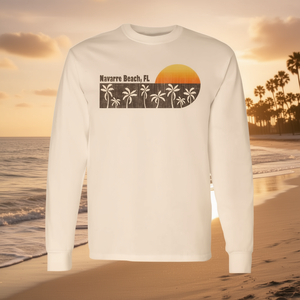 Camiseta de Manga Larga Navarre Beach Fl, Diseño Retro de Palmeras al Atardecer, Unisex, Cuello Redondo, Algodón, Promocional para Adultos - Product Image 3