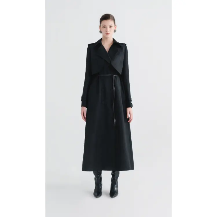 महिलाओं के लिए उच्च गुणवत्ता वाली लंबी आस्तीन गैल्वन सिल्क एसीटेट डबल- ब्रेस्टेड ट्रेंच कोट महिला फैशन कपड़े बक्से पैकेजिंग कोट