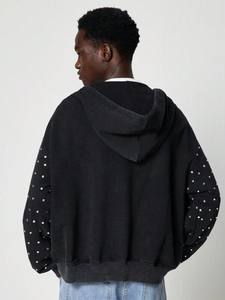 <b>Black</b> Rhinestone <b>Zip</b> <b>Hoodies</b> Oversized Streetwear Studded Sleeves Drop Shoulder Hip Hop Fleece Full <b>Zip</b> Custom Logo Jacket - Product Image 2