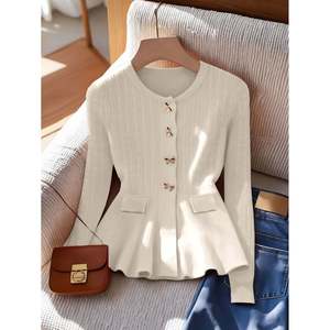 Women's Casual Winter Knitted Long Sleeve <b>Cardigan</b> with Ruffle Trim and Button Detail - Product Image 1