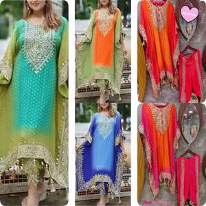 Elegante bordado puro Chinon seda Kaftan Dhoti conjunto de diamantes de imitación lentejuelas diamantes de imitación impresión Digital Latkan encaje vestidos casuales - Product Image 5