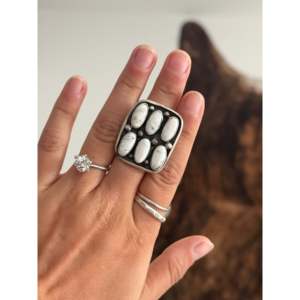 Ella Peters <b>Adjustable</b> Boho <b>Ring</b> White Buffalo & Sterling Silver Cluster with Oval Cut Natural Stone Bezel Set Everyday Wear - Product Image 1