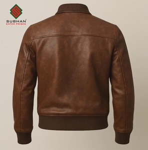 Handmade Synthetic Leather Bomber Jacket-Mandarin Collar Zipper Closure <b>Wool</b> Lining Vintage <b>Brown</b> - Product Image 2