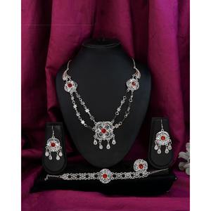 Ensemble de collier floral plaqué argent artificiel avec pierre rouge, bijoux de créateur français, collier, boucles d'oreilles, bracelet, bague, combo pour femmes - Product Image 4