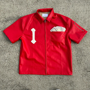 OEM Custom Logo Distressed Applique Embroidery Pu Leather <b>Shirt</b> Custom Short Sleeve Hip Hop Pu Leather Casual <b>Shirt</b> For Men - Product Image 2