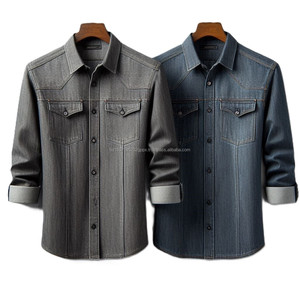 เสื้อยีนส์เข้ารูปสำหรับผู้ชายผ้าฝ้ายฟอกสีเข้มแบบปรับแต่งได้คอปกแบบสแน็ปอินและกระเป๋าแบบปะติดแขนยาว - Product Image 4