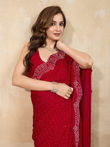 Trendmalls Sari de soirée de mariage en satin rouge pour femme, pièce de chemisier non cousue (K1187), style indien/pakistanais, coupe classique toutes saisons - Product Image 4