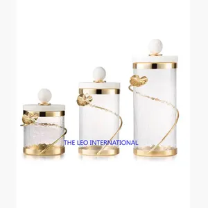 NEW COLLECTION LUXURY DECORATIVE HAMMERED GLASS GOLD LEAF DESIGN FANCY CANISTER SET FOR CHOCOLATE CANDY AND COOKIES STORAGE JAR