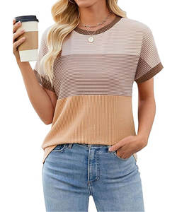 Femmes écologique couleur bloc mode printemps été décontracté lâche T-Shirts à manches courtes col rond hauts tricotés - Product Image 1