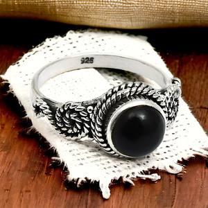 Fabuloso aspecto 925 plata esterlina negro ónix piedra preciosa forma redonda anillo de compromiso joyería hecha a mano venta al por mayor precio de fábrica India - Product Image 2