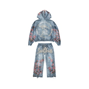 Manufacturers Custom Cropped Distressed Zip Up Sweatsuit <b>Rhinestone</b> Streetwear Tracksuit Baggy Flared Sweatpants And Hoodie Sets - Product Image 3