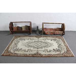 Turkish Vintage Rug 3.8x6.9 ft (117x211 cm), <b>Brown</b> <b>Wool</b> Rug - Product Image 3