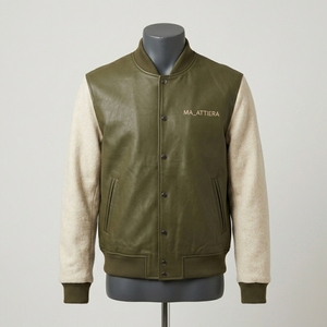 Blouson bomber vert olive pour homme en similicuir avec manches en polaire, boutons-pression, tricot côtelé, personnalisable OEM ODM - Product Image 1