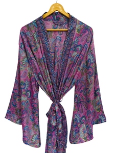 ชุดใส่ในเลานจ์ชุดกิโมโนผ้าไหมยาวถึงข้อเท้าชุดคลุมหลายสีชุดกลางคืนชุดคลุมชุดอินเดียวินเทจผ้าไหมส่าหรีสไตล์วินเทจ - Product Image 3