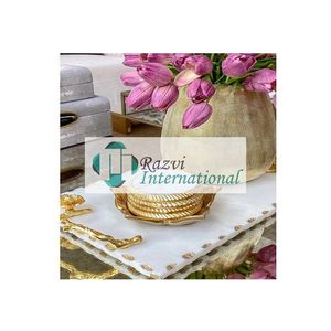 Square Marble <b>Coasters</b> with Silver Edge & Silver Metal Holder Solid Marble Fancy <b>Coasters</b> Designer Round Shape for <b>Table</b> Use - Product Image 2