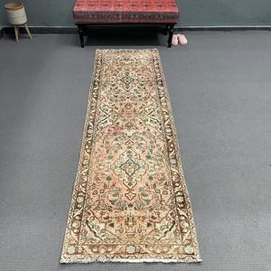 Turkish Vintage Rug, 2.6x8.4 ft Runner Rug, <b>Brown</b> Blue Oriental <b>Wool</b> Rug - Product Image 1