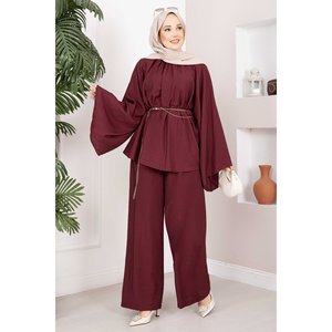 Ensemble Tunique et Short en Crêpe Bordeaux Élégant avec Ceinture Chaîne, Coupe Ample Décontractée, Automne & Printemps, Haut et Pantalon Tissés, Taille Unique (XS) - Product Image 4