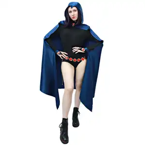 Hero Raven Cosplay Costume Women Black Bodysuit Blue Hooded Cloak Jumpsuits Halloween Party Costume