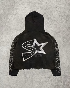 Felpa con Cappuccio Effetto Invecchiato con Stampa Ritratto, Orlo Grezzo, 100% Cotone Pesante, Stile Streetwear Invernale Hip Hop Urbano - Product Image 2