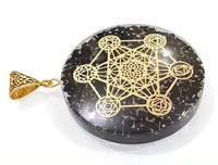 Pendentif en forme de Metatron en agate de tourmaline noire Orgone, fait main, pierre précieuse, énergie positive, guérison, pochette en velours, protection EMF