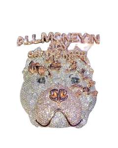 Pendentif de luxe en argent sterling plaqué or rose, motif visage de bouledogue, entièrement serti de moissanite 10 carats, style Hip Hop, avec inscription 'All Money' en lettres - Product Image 1