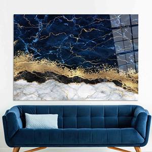Obra de arte moderna en lienzo con estampado azul marino y dorado - Decoración elegante para pared, arte en vidrio templado - Product Image 1