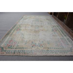 Vintage 3.6 X 6.6ft Yellow Turkish Wool Rug Handmade Classic Large Area Abstract Patchwork Rectangular Hallway Design Latex - Product Image 2