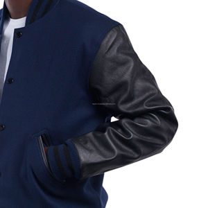 Blouson universitaire unisexe style rétro américain en laine avec manches en cuir, fermeture éclair sur le devant, patchwork, pour équipe de baseball - Vente en gros - Product Image 4