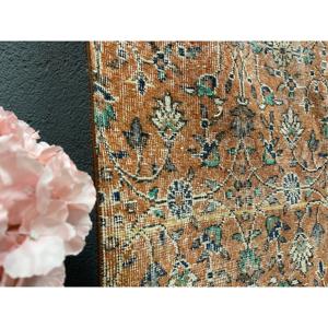 Vintage Rug 3.9x8 ft, <b>Brown</b> Green Striped <b>Wool</b> Turkish Rug - Product Image 5