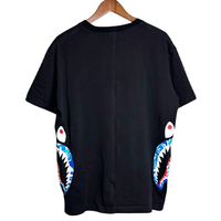 Kaos Pria Hitam Oversize dengan Cetakan Grafis Mulut Hiu di Kedua Sisi, Lengan Pendek, Streetwear Kasual, Bahan Katun