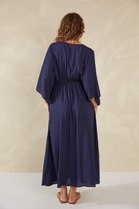 Vestido Largo Bohemio Azul de Manga Larga, 100% Rayón, con Borlas, Cuello en V, Informal, para Mujer - Product Image 3