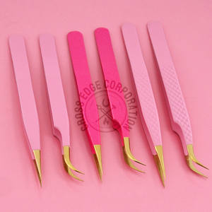 Pinza para Extensión de Pestañas con Punta de Fibra, Recta, Curva, con Agarre de Diamante, Color Rosa, Herramienta Profesional para Pestañas, Superventas - Product Image 1