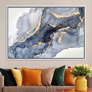 Abstract Blue and Gold Marble Canvas Print: Modern Fluid Ink Artwork,WHITE <b>FRAMED</b> CANVAS - Product Image 1