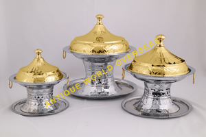 Luxury Silver Etched Handmade Durable Pedestal Hot Pot Set <b>Tray</b> Insulated <b>Food</b> <b>Warmer</b> Stainless Steel Interior Premium Buffet - Product Image 4