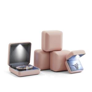 Custom Logo Wholesale Luxury Metal Faux Leather Handmade Jewelry Storage Box LED Velvet Lining Square Design Single/Double Ring - Product Image 5