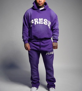 Custom Heavyweight Flared Acid Wash Tracksuit Winter Fleece Sweatsuit Set with Puff Printing Distressed <b>Hoodie</b> and Sweatpants - Product Image 4